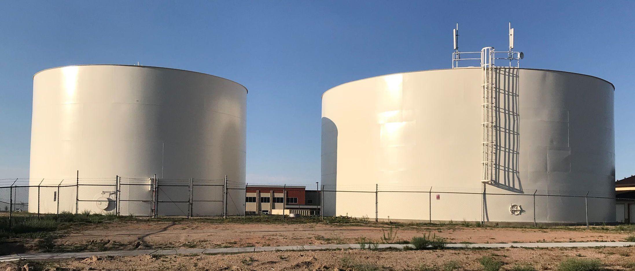 Two large water storage tanks