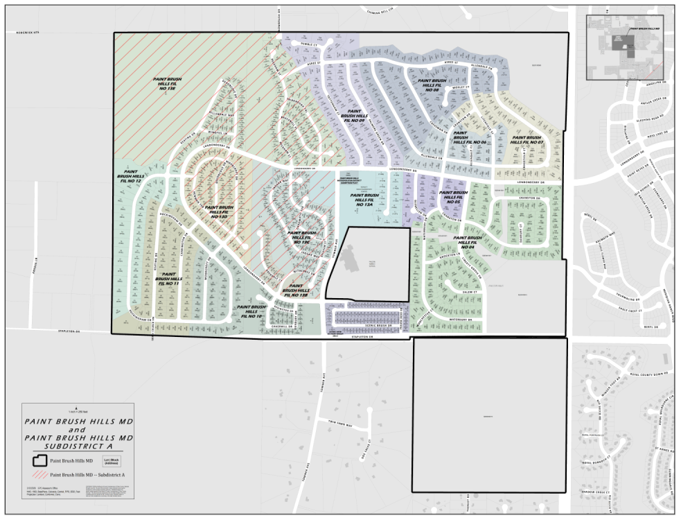 A sectioned map that shows filings in Paint Brush Hills Metropolitan District